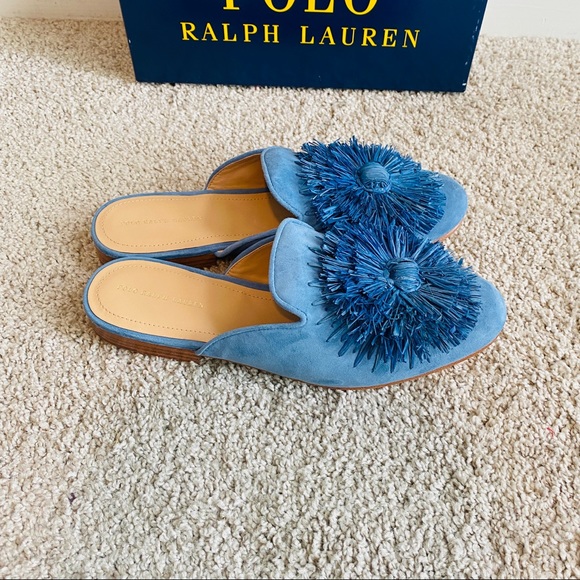 Beautiful Blue Suede Comfortable Round Toe Mules w Blue Raffia Accent Size 8.5 - Picture 5 of 10